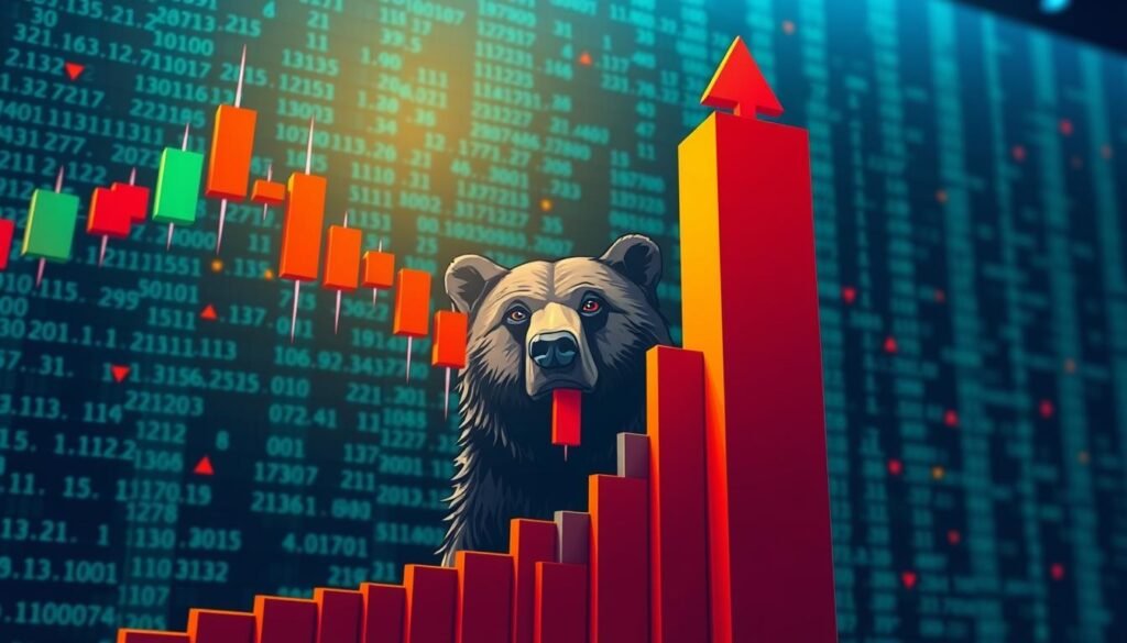 A detailed illustration of the Wyckoff distribution phase in a crypto trading context. In the foreground, depict a stylized candlestick chart showcasing distinct upthrusts and signs of weakness, rendered in vibrant colors to highlight market sentiment. The middle ground should feature a bear emerging from the chart, symbolizing markdown and market decline, with its eyes intently focused on the chart. For the background, create a textured wall of digital data streams representing crypto market fluctuations, subtly illuminated with cool blue and green lighting to convey a tech-centered atmosphere. Use a wide-angle lens to capture depth, ensuring a professional and analytical mood, perfect for an educational context.