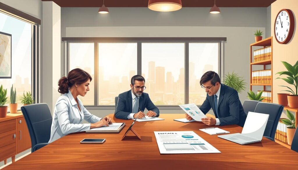 A detailed illustration of the probate process, depicting a professional office setting in the foreground. A diverse group of four individuals in business attire sits around a polished wooden conference table, reviewing documents and discussing estate planning. In the middle ground, a large window shows a bright, sunny day with a view of a city skyline, symbolizing financial prosperity. In the background, shelves lined with law books and potted plants create a warm atmosphere. Soft, diffused lighting illuminates the scene, highlighting the serious yet collaborative mood of the meeting. A laptop displaying estate charts adds a modern touch, while a clock on the wall indicates the passage of time in planning for inheritance. A detailed illustration of the probate process, depicting a professional office setting in the foreground. A diverse group of four individuals in business attire sits around a polished wooden conference table, reviewing documents and discussing estate planning. In the middle ground, a large window shows a bright, sunny day with a view of a city skyline, symbolizing financial prosperity. In the background, shelves lined with law books and potted plants create a warm atmosphere. Soft, diffused lighting illuminates the scene, highlighting the serious yet collaborative mood of the meeting. A laptop displaying estate charts adds a modern touch, while a clock on the wall indicates the passage of time in planning for inheritance.