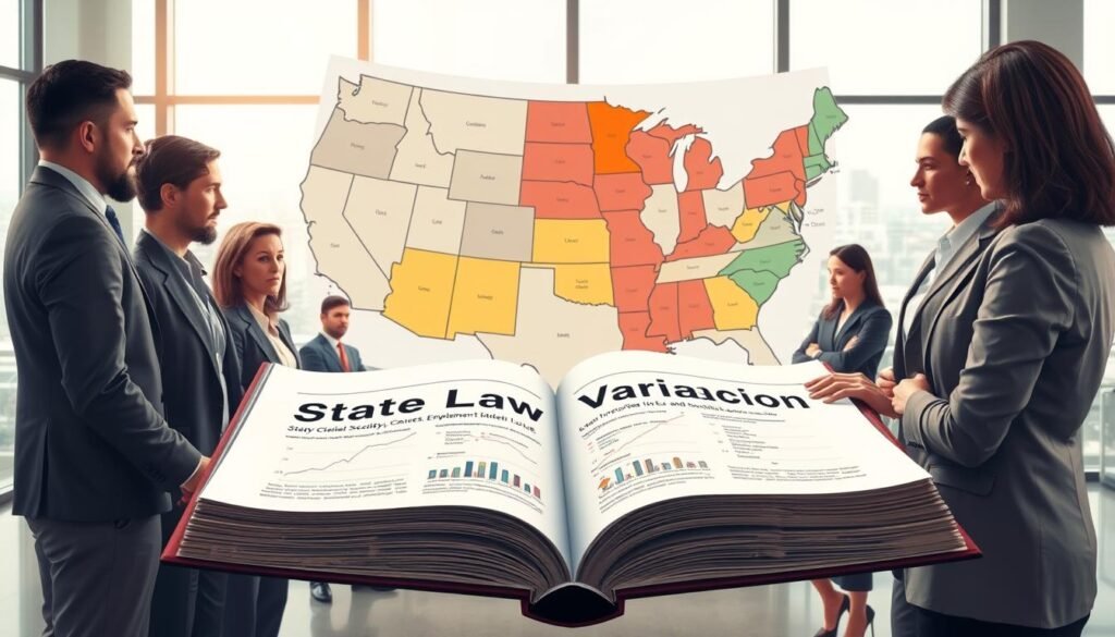 A detailed illustration showcasing state law variations regarding investment security status. In the foreground, a diverse group of professionals in business attire stands around a large, open book titled "State Law Variations," examining detailed charts and graphs. In the middle ground, a large map of the United States displays sections highlighted in various colors, symbolizing different state regulations. The background features a modern office environment with tall windows allowing soft, natural light to filter in, creating a professional atmosphere. The overall mood should be analytical and focused, conveying the complexity and significance of legal differences in risk capital tests and enforcement across states. The lens should capture this scene from a slightly elevated angle, emphasizing both the individuals and the map layout.