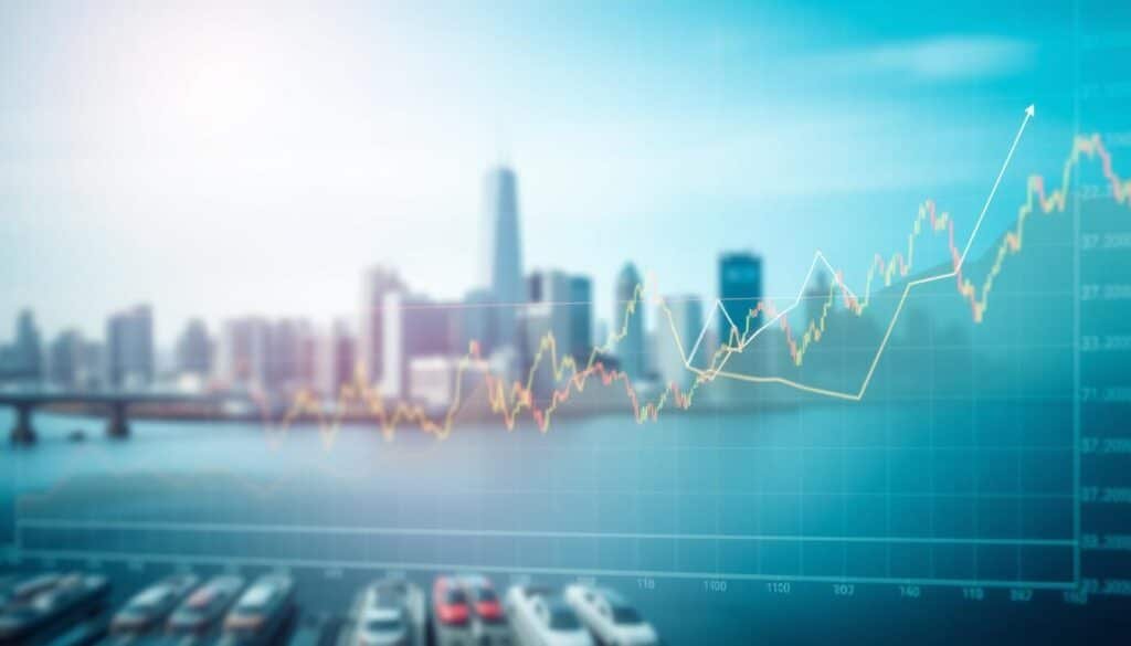 A detailed line chart illustrating cryptocurrency price trends, prominently displayed in the foreground. The chart features contrasting colors to represent different cryptocurrencies, with smooth, flowing lines and clearly marked data points. In the middle ground, a subtle financial district skyline can be seen, suggesting a connection to the bustling nature of trading markets. The background is softly blurred, creating a sense of depth while incorporating soft blue and green tones for a calming atmosphere. The lighting is bright and professional, with a focus on the chart itself, emphasizing clarity and readability. The overall mood is informative and analytical, capturing the essence of cryptocurrency analysis without distractions.