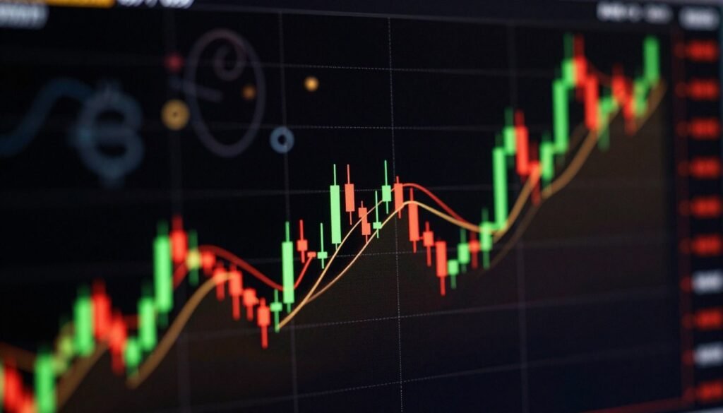A detailed market candlestick chart of cryptocurrency trades, prominently displayed in the foreground. The candlesticks are color-coded with vibrant greens and reds, symbolizing upward and downward price movements, meticulously arranged over a sleek black background to enhance contrast. In the middle ground, a subtle gradient suggests depth, with faint graphical gridlines to indicate price levels and time intervals. The background features a soft bokeh effect, featuring abstract shapes and faint outlines of digital currency symbols, creating a dynamic but non-distracting atmosphere. The overall lighting is bright and focused, mimicking a high-tech trading environment. The mood is analytical and professional, capturing the importance of understanding market trends in the crypto landscape.