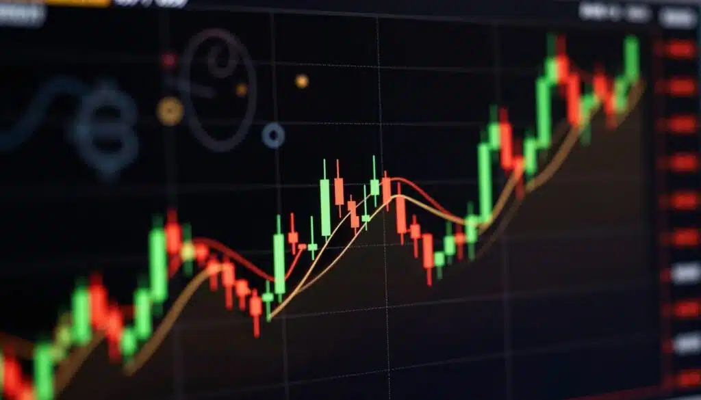 A detailed market candlestick chart of cryptocurrency trades, prominently displayed in the foreground. The candlesticks are color-coded with vibrant greens and reds, symbolizing upward and downward price movements, meticulously arranged over a sleek black background to enhance contrast. In the middle ground, a subtle gradient suggests depth, with faint graphical gridlines to indicate price levels and time intervals. The background features a soft bokeh effect, featuring abstract shapes and faint outlines of digital currency symbols, creating a dynamic but non-distracting atmosphere. The overall lighting is bright and focused, mimicking a high-tech trading environment. The mood is analytical and professional, capturing the importance of understanding market trends in the crypto landscape.