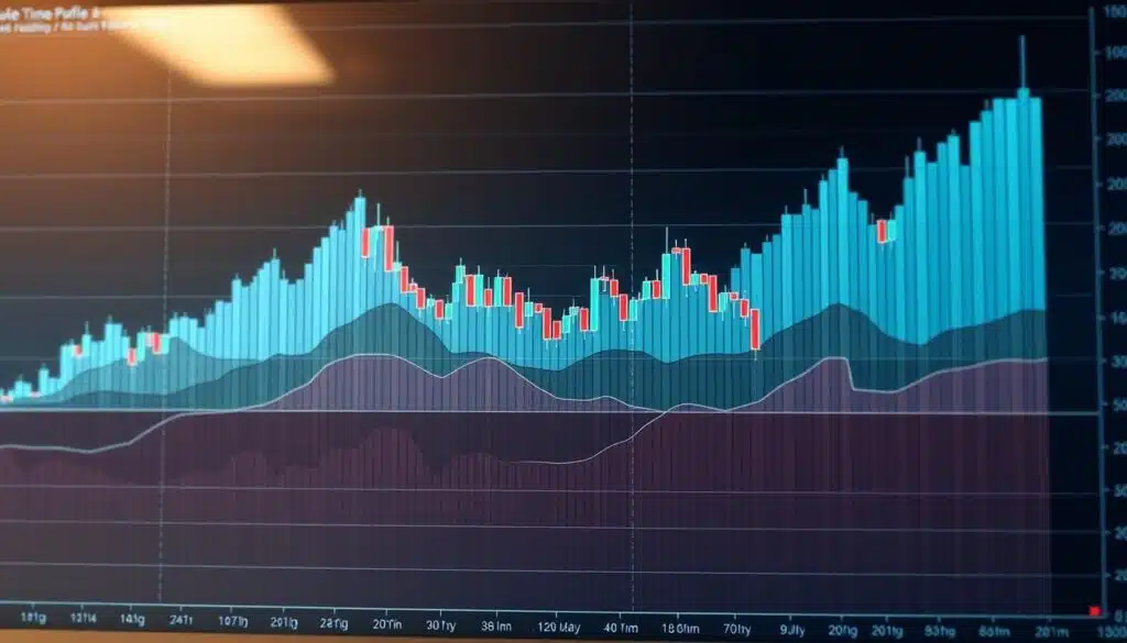 A detailed multi-timeframe volume profile visualization, depicting a sophisticated trading chart with layered histograms. The foreground features a clear, detailed volume bar chart segmented by different timeframes—intraday, daily, and weekly—demonstrating varying levels of trading activity. The middle layer displays candlestick formations interwoven with the volume profiles, presenting a dynamic, analytical view. The background is a subtle gradient representing a trading interface, with soft lighting that highlights the intricate data visualizations. The atmosphere is professional and analytical, giving off a sense of depth and insight, perfect for traders analyzing market behavior. Use a wide-angle view to capture the complexity and interconnectedness of the trading data, with a focus on clarity and precision.
