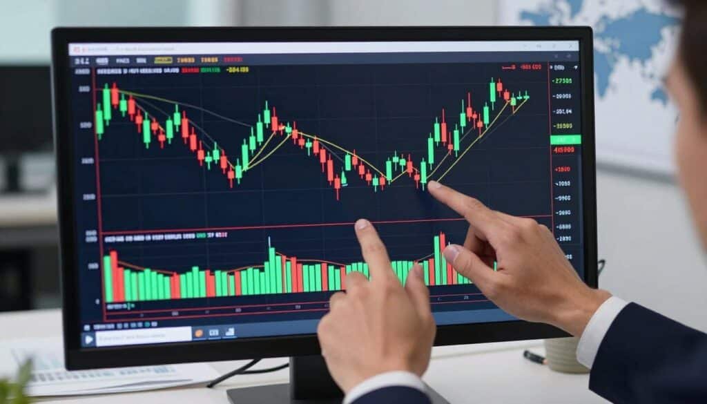 A detailed overhead view of a vibrant candlestick chart displayed on a sleek digital monitor, showcasing various candlestick patterns indicative of buying and selling pressure. In the foreground, a pair of professional hands, dressed in smart business attire, are interacting with the chart, analyzing data. The middle layer features the glowing candlesticks in bright greens and reds, with subtle shadows to emphasize the upward and downward movements. The background includes a modern office environment with blurred financial reports and a world map, contributing to an atmosphere of focused professionalism. Soft but clear lighting highlights the display while casting a slight glow on the hands. The overall mood is one of concentration and analytical insight, perfect for learning about cryptocurrency trading strategies.