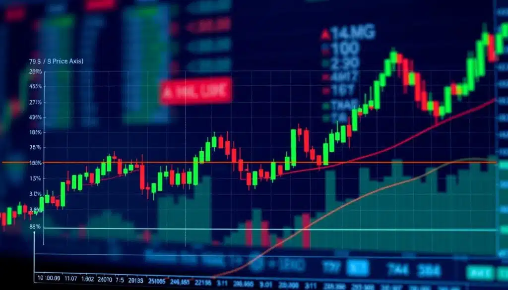 A detailed price axis chart illustrating cryptocurrency trends, prominently displayed in the foreground. The chart features distinct axes with price levels on the vertical axis and time intervals on the horizontal axis, showcasing various candlestick patterns. In the middle, have subtle grid lines that enhance readability, along with a vibrant color palette to indicate price movements, utilizing greens for upward trends and reds for downward dips. In the background, a blurred representation of a digital trading interface adds depth, simulating a dynamic market environment. Soft, even lighting highlights the chart while maintaining a professional atmosphere, evoking a sense of clarity and focus for beginners learning to read crypto charts.