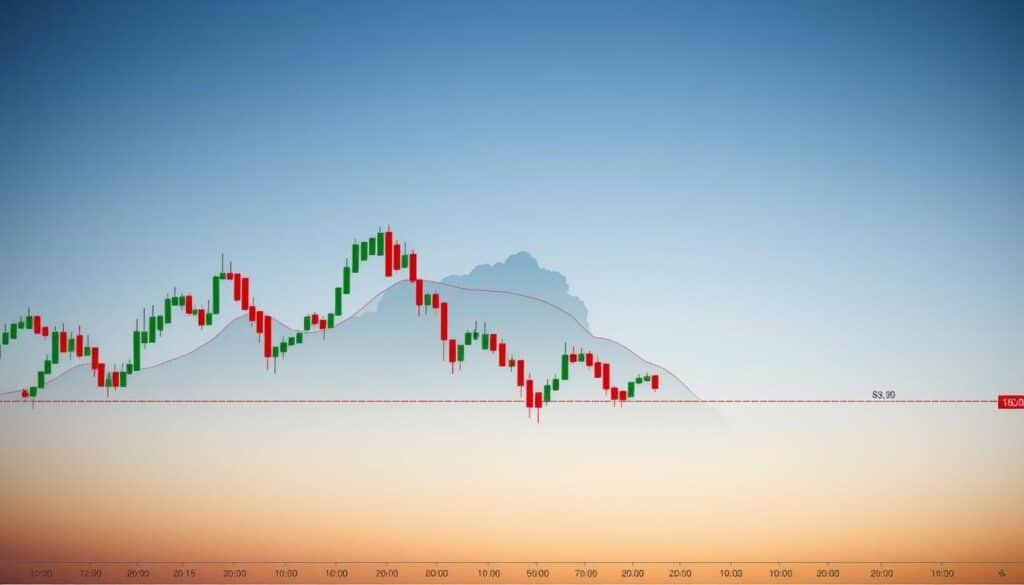 A detailed price chart featuring the Ichimoku Cloud Indicator, showcasing layered clouds of green, red, and blue representing different support and resistance levels. In the foreground, a candlestick chart displays price movements with precise annotations. The middle layer highlights the Ichimoku clouds, illustrating the relationship between price action and the cloud's density. In the background, a soft gradient sky transitions from dawn hues to clear blue, symbolizing market potential and clarity. The lighting is bright and even, casting a professional atmosphere that conveys seriousness and analysis. The angle is a slightly elevated perspective, providing an overview of the chart while ensuring clarity and detail in each element.