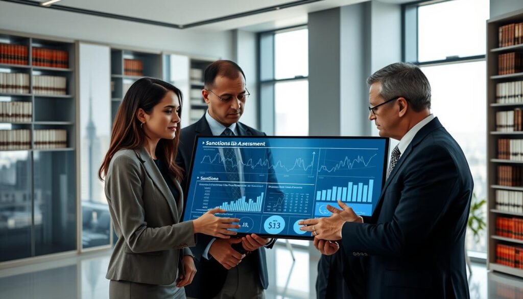 A detailed, professional scene depicting a "crypto sanctions risk assessment" process. In the foreground, a diverse group of three business professionals, a woman and two men, are engaged in serious discussion, wearing smart business attire. They are gathered around a large digital touchscreen displaying graphs, charts, and data points related to sanctions compliance. In the middle ground, a sleek, modern office with large windows shows a city skyline, symbolizing a dynamic economic environment. The background features a well-organized bookshelf filled with legal and financial texts, emphasizing the importance of knowledge in compliance. The lighting is bright and focused, creating a professional atmosphere with attention to detail. The overall mood is serious yet collaborative, reflecting the critical nature of compliance in the cryptocurrency space.