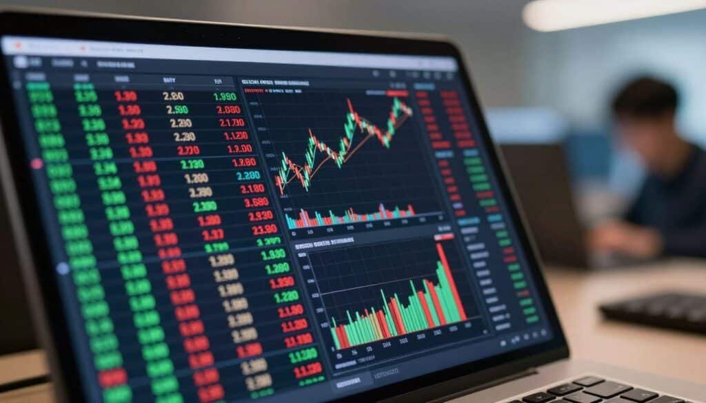 A detailed, realistic depiction of a cryptocurrency order book interface displayed on a sleek digital device, like a tablet or computer screen. In the foreground, focus on vibrant green and red numbers representing buy and sell orders, showcasing dynamic real-time market activity. In the middle ground, include graphs and candlestick charts, illustrating price trends and trading volume. The background should be subtly blurred to suggest a modern trading environment, with soft lighting emanating from the screen, highlighting the technological sophistication. Set the scene in a well-organized trading desk environment, capturing a professional atmosphere where focused traders analyze data. The overall mood is intense and energetic, reflecting the fast-paced world of crypto trading.