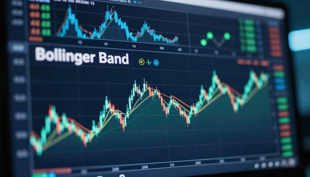 A detailed representation of a digital screen displaying Bollinger Bands applied to a candlestick chart, showcasing cryptocurrency price movements. In the foreground, a vivid, interactive chart featuring two outer bands and a middle SMA line, illustrating the volatility and trends in the crypto market. The middle ground includes stylized, glowing indicators and subtle buy/sell markers. In the background, a modern financial trading environment with soft blue and green lighting, featuring abstract shapes to represent data flow and movement. The atmosphere is focused and professional, capturing the essence of finance and technology, reflecting a calm yet engaging vibe for traders analyzing market dynamics. No text or watermarks. A detailed representation of a digital screen displaying Bollinger Bands applied to a candlestick chart, showcasing cryptocurrency price movements. In the foreground, a vivid, interactive chart featuring two outer bands and a middle SMA line, illustrating the volatility and trends in the crypto market. The middle ground includes stylized, glowing indicators and subtle buy/sell markers. In the background, a modern financial trading environment with soft blue and green lighting, featuring abstract shapes to represent data flow and movement. The atmosphere is focused and professional, capturing the essence of finance and technology, reflecting a calm yet engaging vibe for traders analyzing market dynamics. No text or watermarks.