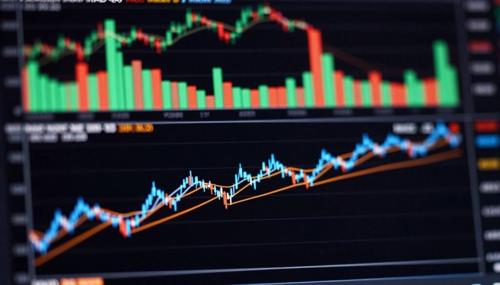 A detailed representation of the MACD (Moving Average Convergence Divergence) indicator chart on a cryptocurrency trading platform. In the foreground, display the MACD line in vibrant blue, contrasting against a rich black background. Include the signal line in orange to show its relationship with the MACD. In the middle ground, illustrate histogram bars in varying shades of green and red to signify momentum. The background should feature a blurred, stylized view of digital graphs and candlestick patterns, creating an analytical atmosphere. Incorporate soft, ambient lighting to enhance the visual appeal, simulating a modern trading environment. Capture the image from a slightly elevated angle to give depth and focus on the MACD components, evoking a sense of clarity and professionalism in cryptocurrency analysis.