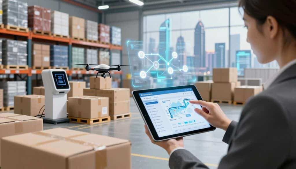 A detailed scene depicting the tracking of goods in a blockchain-enabled supply chain system. In the foreground, a professional businesswoman in business attire analyzes a digital tablet displaying real-time shipment data, with a holographic map of interconnected supply routes. In the middle ground, a modern warehouse filled with stacked containers, RFID scanners, and drones scanning packages, emphasizing technological integration. The background reveals a bright, futuristic city skyline, symbolizing innovation. The lighting is bright and clear, with a focus on the tablet’s screen, creating a high-tech atmosphere. The overall mood is one of efficiency and connectivity, illustrating the seamless operation of blockchain in supply chain processes.