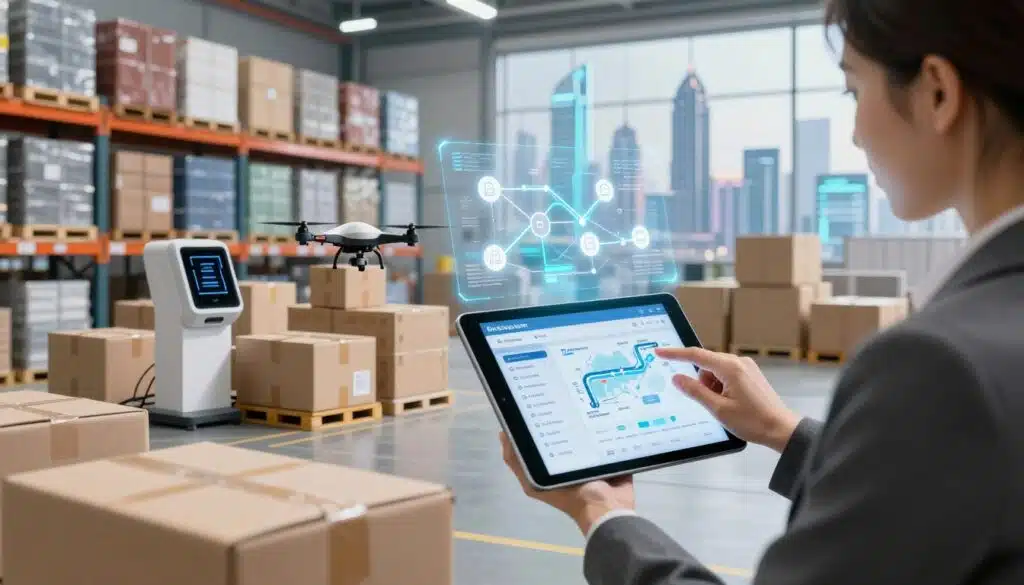 A detailed scene depicting the tracking of goods in a blockchain-enabled supply chain system. In the foreground, a professional businesswoman in business attire analyzes a digital tablet displaying real-time shipment data, with a holographic map of interconnected supply routes. In the middle ground, a modern warehouse filled with stacked containers, RFID scanners, and drones scanning packages, emphasizing technological integration. The background reveals a bright, futuristic city skyline, symbolizing innovation. The lighting is bright and clear, with a focus on the tablet’s screen, creating a high-tech atmosphere. The overall mood is one of efficiency and connectivity, illustrating the seamless operation of blockchain in supply chain processes.