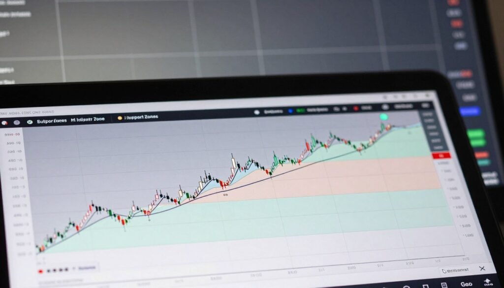 A detailed support zones chart for cryptocurrency trading, prominently displayed in the foreground with distinct horizontal and vertical lines marking key support and resistance levels. The chart should feature multiple candlesticks, highlighted zones in soft pastels to signify areas of support and resistance, and scattered data points in contrasting colors for clarity. In the middle ground, incorporate a sleek digital interface or grid overlay, suggesting an advanced analytical tool. The background should be a muted, tech-inspired gradient, evoking a modern and professional atmosphere. The lighting should be soft yet bright, enhancing visibility and focus on the chart, while the overall mood is analytical and insightful, perfect for educational purposes.