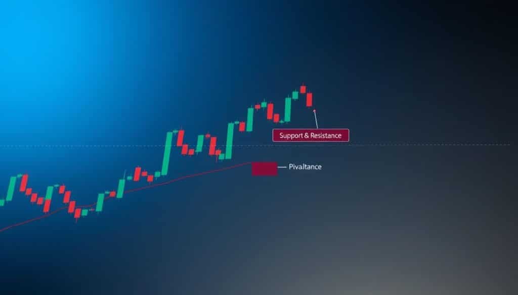 A detailed technical analysis chart illustrating support and resistance levels in a financial market context. The foreground features a vibrant candlestick chart, with clear upward and downward price movements, and marked horizontal lines indicating support and resistance levels. The middle ground includes annotated areas showing pivotal points, with distinct color coding to differentiate support (green) and resistance (red) zones. The background is a gradient of deep blue and grey to evoke a professional atmosphere, with soft lighting that highlights the chart details, creating depth. Capture the scene from a slightly angled bird's-eye perspective to emphasize the flow of the market data, infusing a sense of dynamic analysis and trading context. No text or annotations.