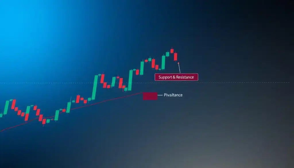 A detailed technical analysis chart illustrating support and resistance levels in a financial market context. The foreground features a vibrant candlestick chart, with clear upward and downward price movements, and marked horizontal lines indicating support and resistance levels. The middle ground includes annotated areas showing pivotal points, with distinct color coding to differentiate support (green) and resistance (red) zones. The background is a gradient of deep blue and grey to evoke a professional atmosphere, with soft lighting that highlights the chart details, creating depth. Capture the scene from a slightly angled bird's-eye perspective to emphasize the flow of the market data, infusing a sense of dynamic analysis and trading context. No text or annotations.