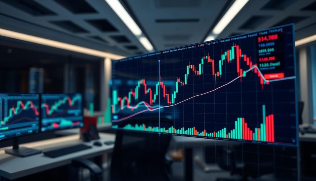 A detailed trading chart displayed prominently in the foreground, featuring clearly defined candlestick patterns and colorful market indicators such as moving averages and trend lines. The middle ground includes a sleek digital workspace with multiple monitors displaying various timeframes of the chart, creating a sense of professional analysis. In the background, a modern office environment with subtle lighting that enhances the focus on the trading activity. The atmosphere is one of concentration and professionalism, suggesting a serious approach to crypto trading. Use high-resolution and vibrant colors to depict the chart, with a lens effect that highlights the chart's details while maintaining a clean and organized look. No text or distractions are present in the image. A detailed trading chart displayed prominently in the foreground, featuring clearly defined candlestick patterns and colorful market indicators such as moving averages and trend lines. The middle ground includes a sleek digital workspace with multiple monitors displaying various timeframes of the chart, creating a sense of professional analysis. In the background, a modern office environment with subtle lighting that enhances the focus on the trading activity. The atmosphere is one of concentration and professionalism, suggesting a serious approach to crypto trading. Use high-resolution and vibrant colors to depict the chart, with a lens effect that highlights the chart's details while maintaining a clean and organized look. No text or distractions are present in the image.