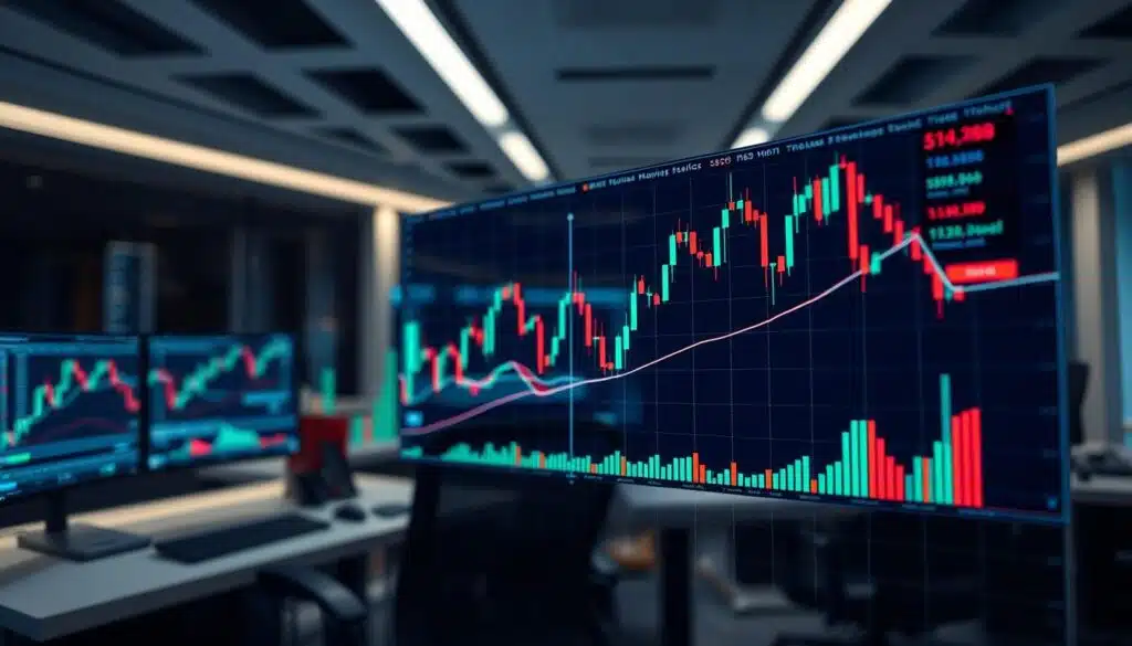 A detailed trading chart displayed prominently in the foreground, featuring clearly defined candlestick patterns and colorful market indicators such as moving averages and trend lines. The middle ground includes a sleek digital workspace with multiple monitors displaying various timeframes of the chart, creating a sense of professional analysis. In the background, a modern office environment with subtle lighting that enhances the focus on the trading activity. The atmosphere is one of concentration and professionalism, suggesting a serious approach to crypto trading. Use high-resolution and vibrant colors to depict the chart, with a lens effect that highlights the chart's details while maintaining a clean and organized look. No text or distractions are present in the image.