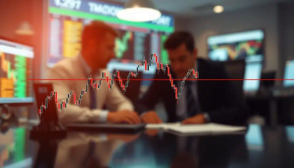 A detailed view of a stock market chart with a prominent head and shoulders pattern. In the foreground, showcase the chart's neckline formed by two horizontal lines, clearly indicating the support level. In the middle ground, highlight the peaks representing the "head" and two "shoulders," with distinct upward and downward price movements. Use a bright, well-lit setting to enhance clarity, with a shallow depth of field to focus on the chart details. The background should feature a softly blurred trading desk environment, implying analysis and investment activity. The overall atmosphere should convey professionalism and analytical depth, reflecting a serious mood suitable for financial analysis. The image should be free of any text or watermarks.