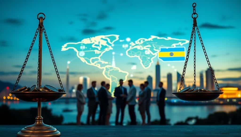 A detailed visual representation of cryptocurrency regulation in the Americas, featuring balancing scales symbolizing justice at the forefront, intricately detailed with coins representing Bitcoin and other currencies. In the middle ground, a diverse group of professionals in business attire is gathered around a large digital map of Canada, the United States, El Salvador, Brazil, and Argentina, connecting their countries with glowing lines of blockchain technology. In the background, iconic landmarks from each country are depicted, softly illuminated under a twilight sky, symbolizing the global reach of cryptocurrency. The atmosphere is one of collaboration and innovation, with a shimmering blue and green color palette to evoke a sense of trust and advancement. The scene is captured from a slightly elevated angle, creating a dynamic depth to the composition.