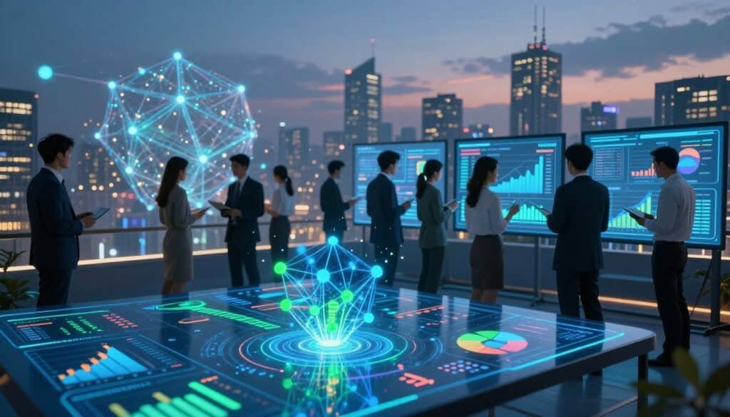 A detailed visualization of on-chain analysis as a digital landscape. In the foreground, a futuristic interface displays vibrant graphs and blockchain transaction flows, with holographic nodes interconnected in bright blue and green hues. In the middle ground, a diverse group of professionals, dressed in smart business attire, analyzes the data on large transparent screens, their expressions focused and engaged. The background features an intricate cityscape made of glowing blockchain elements and digital nodes, suggesting a thriving technological ecosystem, under a twilight sky with a cyberpunk ambiance. Soft, ambient lighting highlights the digital elements while creating a sense of innovation and intelligence. The overall mood is dynamic and forward-looking, embodying the essence of cutting-edge analysis in the blockchain world. A detailed visualization of on-chain analysis as a digital landscape. In the foreground, a futuristic interface displays vibrant graphs and blockchain transaction flows, with holographic nodes interconnected in bright blue and green hues. In the middle ground, a diverse group of professionals, dressed in smart business attire, analyzes the data on large transparent screens, their expressions focused and engaged. The background features an intricate cityscape made of glowing blockchain elements and digital nodes, suggesting a thriving technological ecosystem, under a twilight sky with a cyberpunk ambiance. Soft, ambient lighting highlights the digital elements while creating a sense of innovation and intelligence. The overall mood is dynamic and forward-looking, embodying the essence of cutting-edge analysis in the blockchain world.