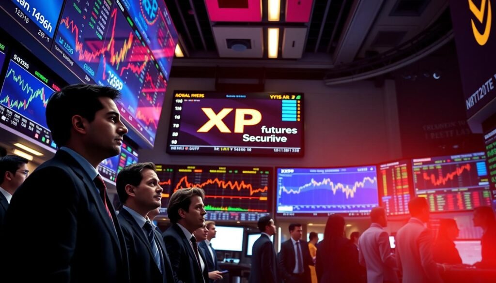 A detailed visualization of the trading floor of a securities exchange, featuring a digital display vividly illustrating XRP futures in vibrant colors, prominent among fluctuating graphs and data feeds. In the foreground, a diverse group of professionals in business attire monitors the screens, displaying expressions of focused determination. In the middle ground, towering screens show real-time trading information alongside illuminated charts that depict market trends. The background features a bustling trading environment with blurred silhouettes of traders engaging in discussions. Overhead lighting casts a dynamic glow, highlighting the technological atmosphere and creating a sense of urgency. The overall mood is tense yet hopeful, reflecting the anticipation and risk surrounding market and regulatory developments related to cryptocurrency investments.