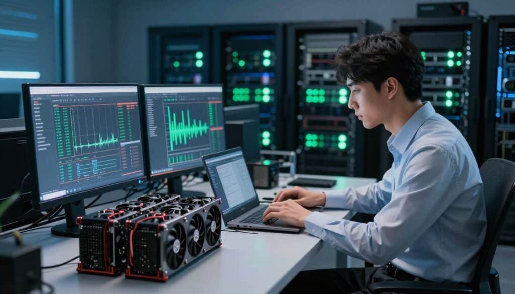 A detailed, visually engaging scene illustrating the process of mining AI cryptocurrencies. In the foreground, a sleek and modern workstation is depicted, featuring multiple high-performance graphics cards, a digital mining setup, and computer monitors displaying real-time mining statistics. In the middle ground, a focused individual in professional attire, such as a smart shirt and trousers, is carefully configuring software on a laptop, with a look of concentration. The background showcases a dimly lit room filled with server racks and glowing LED lights, enhancing the high-tech atmosphere. Soft blue and green lighting adds an ambient glow, creating a sense of innovation and excitement. Capture the intricacies of the mining setup while emphasizing the technical precision necessary for effective AI cryptocurrency mining.