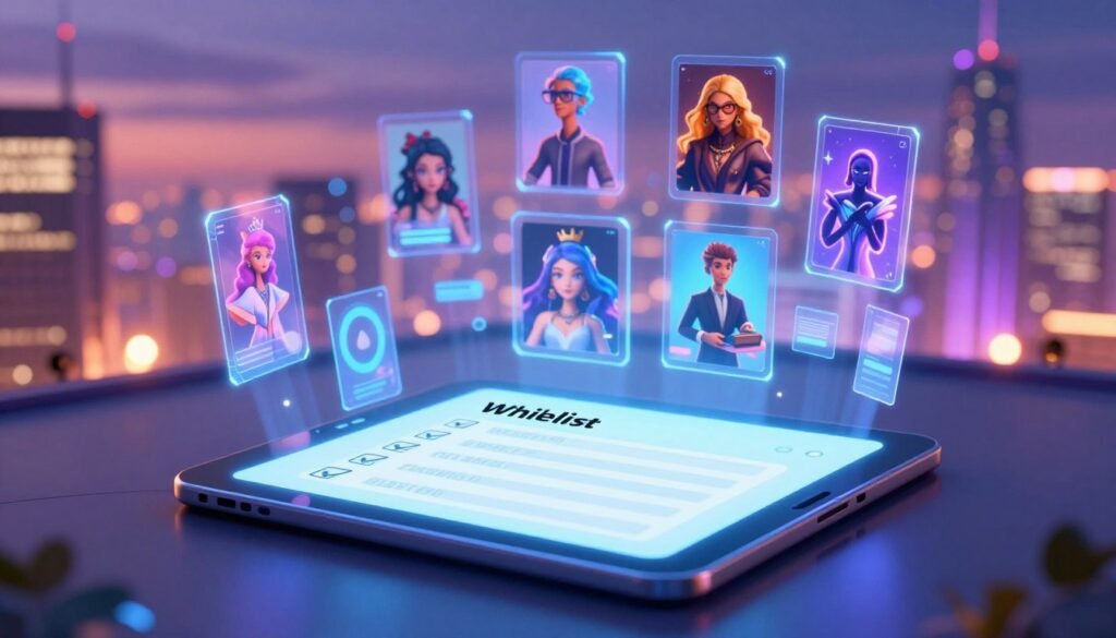 A digital art composition illustrating the concept of "NFT whitelists" in a futuristic setting. In the foreground, a sleek, glowing digital tablet displays a checklist labeled "Whitelist" with check marks next to various NFT projects, symbolizing early access. The middle layer features ethereal, floating holographic visuals of various NFT artworks, showcasing unique designs like digital collectibles and avatars. In the background, a vibrant, tech-inspired city skyline emits a warm, colorful glow under a twilight sky, creating an atmosphere of excitement and innovation. Soft lens flares enhance the futuristic feel, while dynamic, ambient lighting highlights the central elements in a harmonious blend of blue and purple tones, evoking a sense of trust and opportunity. A digital art composition illustrating the concept of "NFT whitelists" in a futuristic setting. In the foreground, a sleek, glowing digital tablet displays a checklist labeled "Whitelist" with check marks next to various NFT projects, symbolizing early access. The middle layer features ethereal, floating holographic visuals of various NFT artworks, showcasing unique designs like digital collectibles and avatars. In the background, a vibrant, tech-inspired city skyline emits a warm, colorful glow under a twilight sky, creating an atmosphere of excitement and innovation. Soft lens flares enhance the futuristic feel, while dynamic, ambient lighting highlights the central elements in a harmonious blend of blue and purple tones, evoking a sense of trust and opportunity.