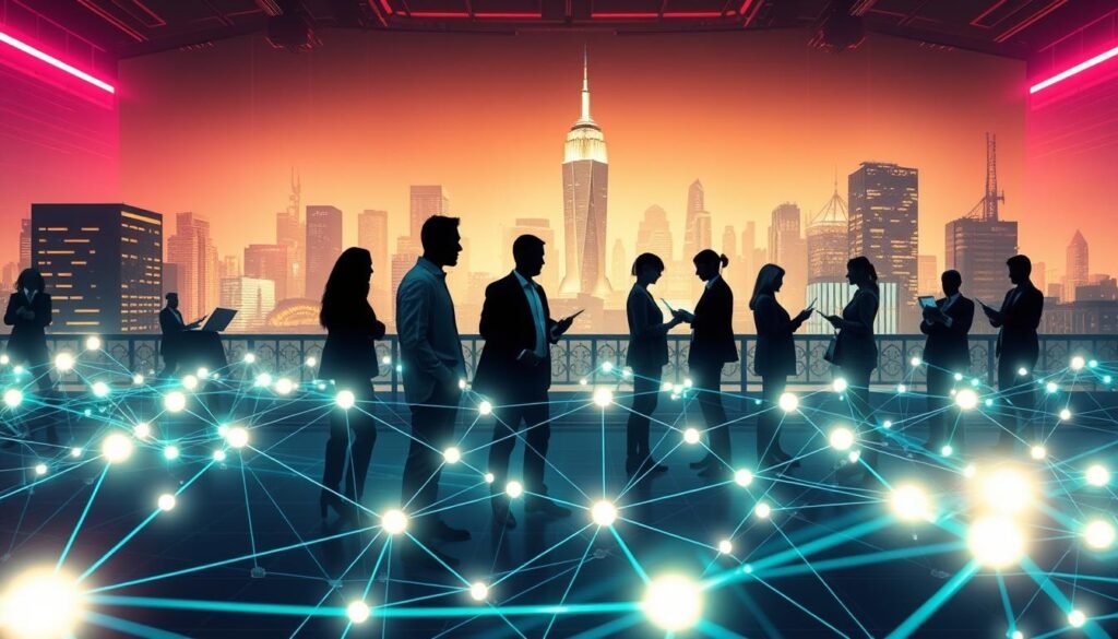 A digital art representation of a virtual scene depicting transactions in a secure, transparent manner, focusing on the concept of ZK-rollups. In the foreground, feature an abstract representation of interconnected blockchain nodes with glowing connections, symbolizing secure transactions without revealing personal data. In the middle ground, illustrate silhouettes of diverse creators and gamers engaged in digital interactions, dressed in professional attire, emphasizing collaboration. The background should consist of a futuristic city skyline, with soft neon lighting to create an energetic, tech-driven atmosphere. Use a wide-angle lens to give depth, highlighting the interconnectedness of the digital economy while maintaining a sense of security. The overall mood should be innovative and optimistic, reflecting the advancements in NFT technology.