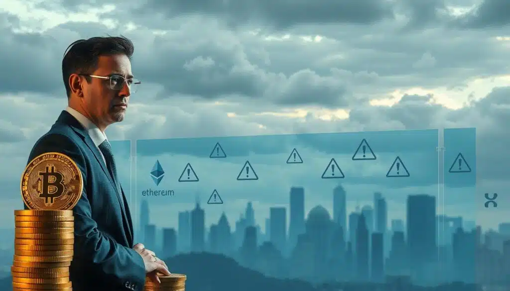 A digital artwork depicting a conceptual scene representing "crypto banking restrictions". In the foreground, a modern banker in professional attire, looking concerned, stands beside a stack of Bitcoin coins. In the middle ground, there’s a transparent barrier resembling a digital firewall, symbolizing banking restrictions, surrounded by various cryptocurrency symbols like Ethereum and Ripple. In the background, silhouettes of iconic city skylines fade into a cloudy sky with warning signs subtly integrated into the clouds, hinting at uncertainty in the financial landscape. The lighting is soft yet dramatic, casting shadows to enhance the feeling of tension. The angle is slightly elevated, giving a panoramic view of the scene to emphasize the magnitude of the restrictions. The overall mood conveys a sense of caution and contemplation in the evolving world of crypto finance. A digital artwork depicting a conceptual scene representing "crypto banking restrictions". In the foreground, a modern banker in professional attire, looking concerned, stands beside a stack of Bitcoin coins. In the middle ground, there’s a transparent barrier resembling a digital firewall, symbolizing banking restrictions, surrounded by various cryptocurrency symbols like Ethereum and Ripple. In the background, silhouettes of iconic city skylines fade into a cloudy sky with warning signs subtly integrated into the clouds, hinting at uncertainty in the financial landscape. The lighting is soft yet dramatic, casting shadows to enhance the feeling of tension. The angle is slightly elevated, giving a panoramic view of the scene to emphasize the magnitude of the restrictions. The overall mood conveys a sense of caution and contemplation in the evolving world of crypto finance.