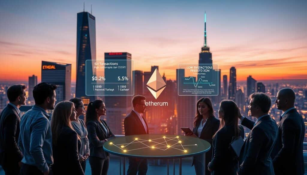 A digital artwork depicting a vibrant cityscape at dusk, symbolizing low transaction costs in blockchain technology. In the foreground, a diverse group of professionals in smart business attire, engaged in a discussion around a holographic display showcasing Ethereum and other blockchain alternatives. The middle layer features sleek, modern buildings with digital displays illustrating fluctuating gas fees. The background presents a twilight sky with subtle traces of blockchain nodes connected by glowing lines, representing efficient transactions. The lighting is warm and inviting, offering an optimistic atmosphere that reflects innovation and opportunity in financial technology. The composition is captured with a slightly elevated angle, emphasizing the dynamic interaction among the professionals and the visually engaging elements of blockchain. A digital artwork depicting a vibrant cityscape at dusk, symbolizing low transaction costs in blockchain technology. In the foreground, a diverse group of professionals in smart business attire, engaged in a discussion around a holographic display showcasing Ethereum and other blockchain alternatives. The middle layer features sleek, modern buildings with digital displays illustrating fluctuating gas fees. The background presents a twilight sky with subtle traces of blockchain nodes connected by glowing lines, representing efficient transactions. The lighting is warm and inviting, offering an optimistic atmosphere that reflects innovation and opportunity in financial technology. The composition is captured with a slightly elevated angle, emphasizing the dynamic interaction among the professionals and the visually engaging elements of blockchain.