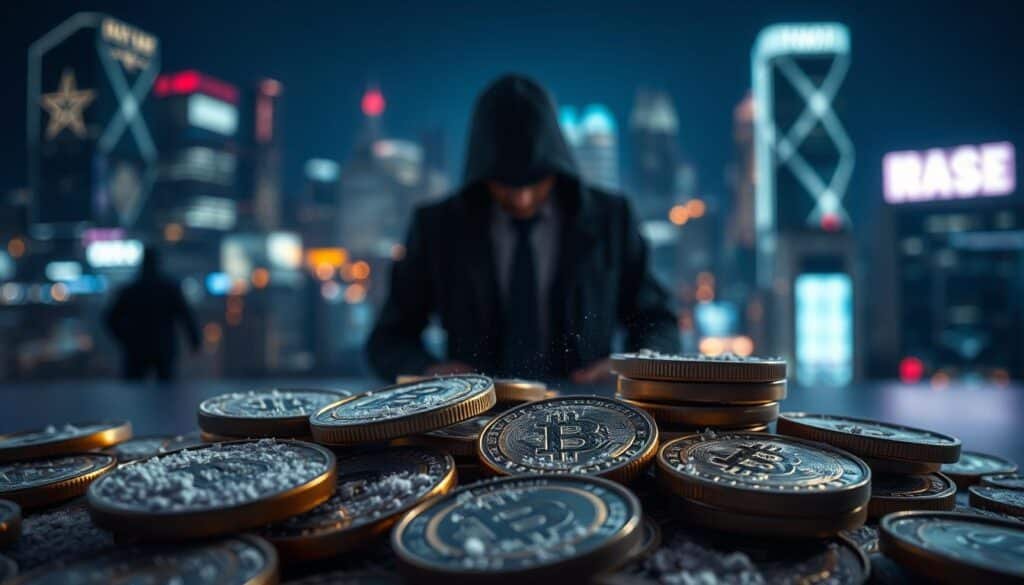 A digital artwork illustrating the concept of "privacy risks dusting" in the context of cryptocurrency. In the foreground, visualize a collection of digital coins subtly covered in a fine layer of dust, symbolizing neglect and unawareness. In the middle-ground, depict a shadowy figure in professional attire, representing a hacker or malicious actor, carefully examining and analyzing the coins with focused attention. The background should feature a blurred cityscape at night, illuminated by neon lights, to convey a sense of a busy digital landscape fraught with unseen dangers. The lighting should be dim and moody, creating a tense atmosphere, with soft shadows enhancing the mysterious vibe of online threats and risks. The angle should be a slightly low perspective, emphasizing the gravity of the situation.