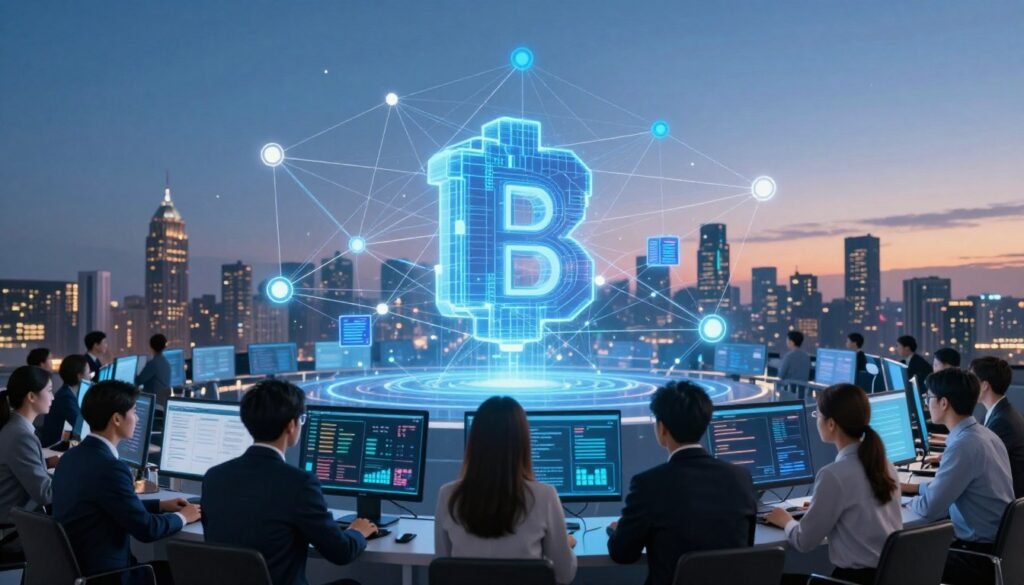 A digital artwork representing a public blockchain concept, featuring a vibrant and interconnected network of nodes and lines symbolizing transparency and decentralization. In the foreground, a diverse group of professionals in business attire is analyzing digital screens displaying blockchain data, emphasizing collaboration and innovation. The middle ground showcases a glowing 3D representation of the blockchain, with blocks exchanging data in real time. The background features a city skyline under a clear evening sky, illuminated by soft, warm lighting to create an inviting atmosphere. Use a wide-angle lens to capture the expansive view, with intricate details on the nodes and blocks, reflecting technological advancement and security. Aim for a modern yet professional mood that emphasizes the potential and significance of public blockchains.