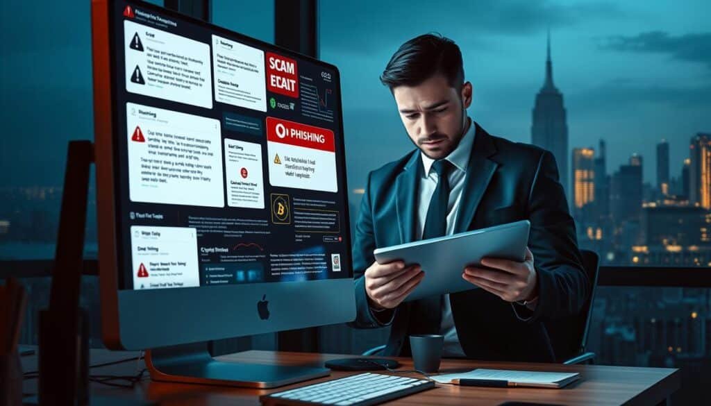 A digital artwork showcasing the recent trends in cryptocurrency threats, focusing on phishing attacks. In the foreground, a computer monitor displays various phishing emails and scam alerts, surrounded by subtle indicators of a cyber threat, like warning icons and red flags. The middle layer features a professional individual in business attire analyzing data on a tablet, looking concerned but determined. In the background, a city skyline representing the digital landscape of the crypto world, with abstract cryptocurrency symbols subtly integrated into the skyline. Use cool lighting to create a sense of urgency, with contrasting shadows highlighting the need for vigilance. The overall atmosphere should evoke caution and professionalism, reflecting the critical nature of the subject.