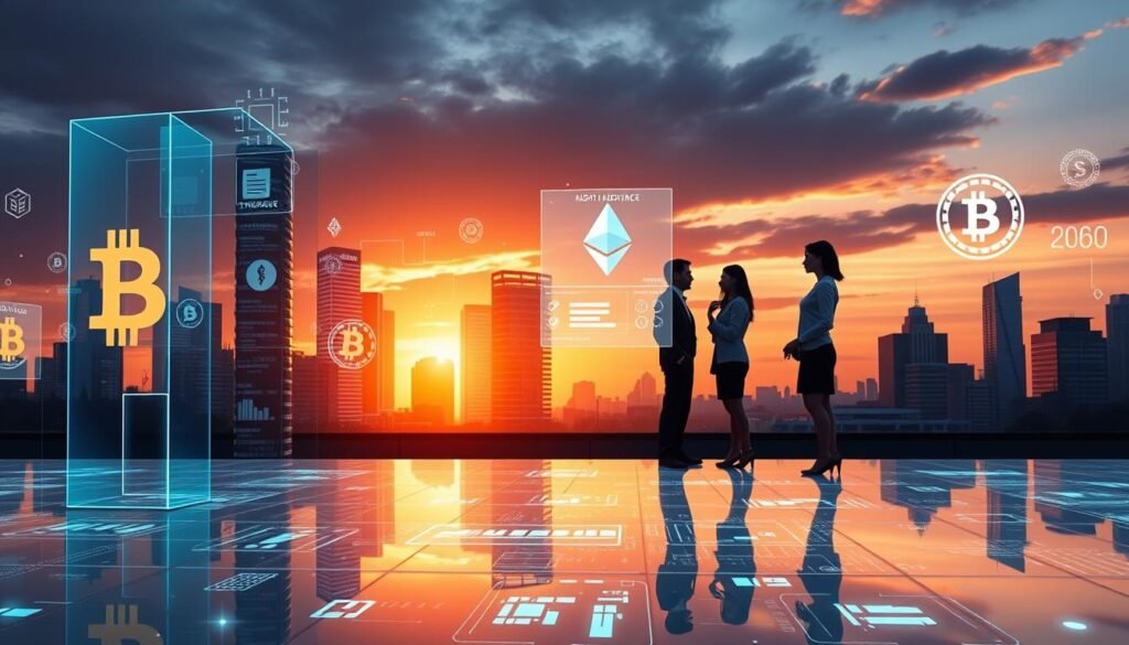 A digital environment depicting various digital assets represented as virtual properties, showcasing a stylized, modern city skyline made of cryptocurrency symbols like Bitcoin, Ethereum, and Litecoin. In the foreground, a polished glass building symbolizes digital inheritance, with holographic screens displaying legal documents and asset management data. The middle ground features a diverse group of professionals in business attire—an Asian woman, a Black man, and a Caucasian woman—engaged in deep discussion, emphasizing collaboration in crypto management. The background contains a sunset with warm, vibrant colors illuminating the scene, evoking a sense of optimism and technological advancement. Soft, diffused lighting creates a professional atmosphere, highlighting the importance of cryptocurrency as a valuable asset akin to traditional property. A digital environment depicting various digital assets represented as virtual properties, showcasing a stylized, modern city skyline made of cryptocurrency symbols like Bitcoin, Ethereum, and Litecoin. In the foreground, a polished glass building symbolizes digital inheritance, with holographic screens displaying legal documents and asset management data. The middle ground features a diverse group of professionals in business attire—an Asian woman, a Black man, and a Caucasian woman—engaged in deep discussion, emphasizing collaboration in crypto management. The background contains a sunset with warm, vibrant colors illuminating the scene, evoking a sense of optimism and technological advancement. Soft, diffused lighting creates a professional atmosphere, highlighting the importance of cryptocurrency as a valuable asset akin to traditional property.