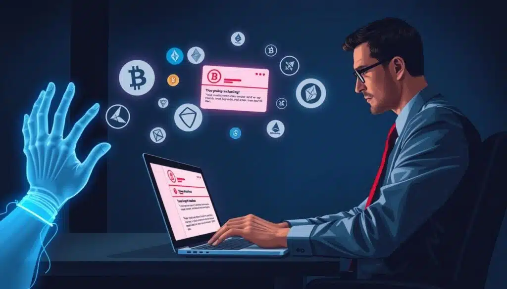 A digital illustration depicting a scene of phishing attacks related to cryptocurrency. In the foreground, a professional-looking individual in business attire is sitting at a desk, intently examining a laptop screen that displays a suspicious email with red flags indicating a phishing attempt. In the middle ground, various cryptocurrency logos subtly float, representing the allure and danger of scams, while a ghostly hand reaches towards the screen, symbolizing the threat of cyber attackers. The background features a dimly lit room with shadows creating a mysterious atmosphere, enhanced by a soft blue glow emanating from the laptop. The angle is slightly above eye-level, providing a view that emphasizes the tension of the moment, fostering a sense of urgency and caution in the viewer.