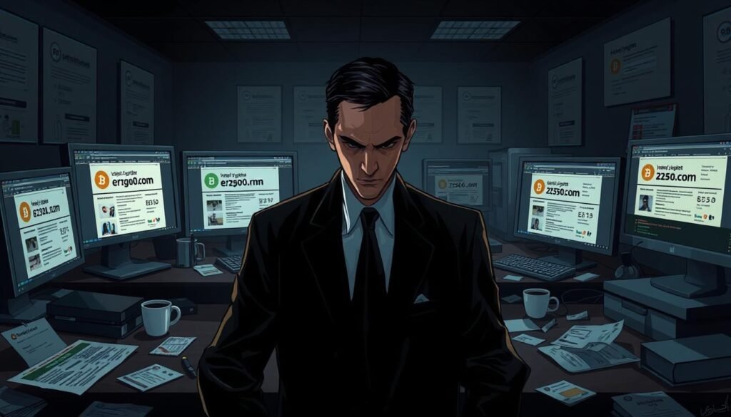 A digital illustration depicting a sinister office space where a cybercriminal is orchestrating a phishing scam. In the foreground, a person in a business suit, their face partially obscured by shadow, is intently focused on a computer screen showing fake cryptocurrency exchange websites, with subtle variations on well-known brand logos. In the middle, scattered papers and coffee cups create a cluttered, chaotic atmosphere. The background features dim lighting, casting eerie shadows, with multiple monitors displaying hacker tools and phishing alerts. The overall mood is tense and alarming, showcasing the underhanded tactics of typosquatting and impersonation in the crypto world, inviting a sense of unease and vigilance.
