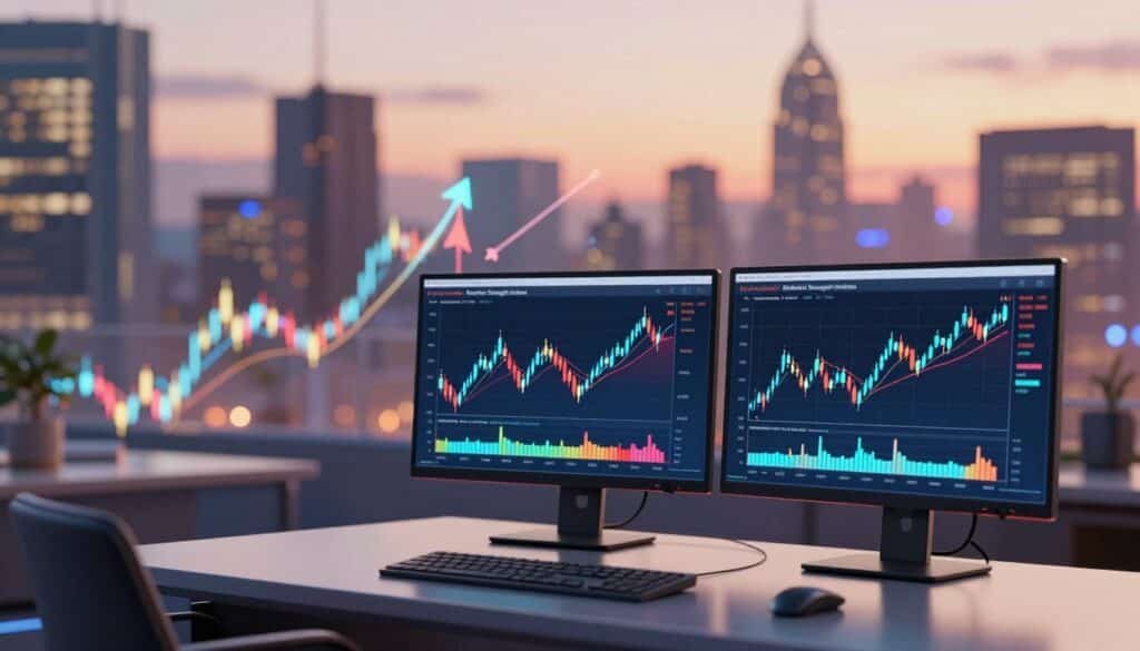 A digital illustration depicting the concept of "Relative Strength Index" (RSI) momentum in cryptocurrency trading. In the foreground, a sleek, modern trading desk is shown with two monitors displaying vibrant graphs and charts showcasing RSI indicators and candlestick patterns. The middle ground features abstract representations of fluctuations in market values, with arrows and lines illustrating momentum shifts. In the background, a blurred city skyline at dusk evokes a bustling financial atmosphere, enhanced with warm ambient lighting. The overall mood is professional and dynamic, highlighting the analytical and strategic aspects of crypto trading. The image should be vibrant yet sophisticated, suitable for educational use without any text or overlays.