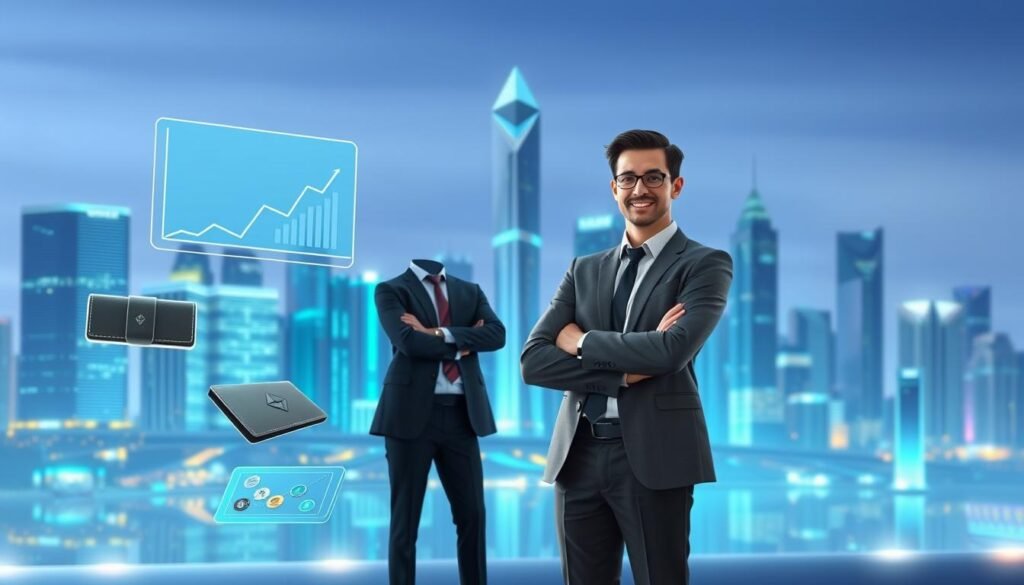 A digital illustration representing Ethereum gas fees optimization. In the foreground, a confident business professional in smart casual attire stands next to a large, stylized blockchain ledger, pointing at a graph showing decreased transaction fees. In the middle ground, several digital wallets float, showcasing various cryptocurrencies, surrounded by sleek, translucent interfaces displaying analytics. The background features a futuristic city skyline bathed in soft blue and green lights, symbolizing the digital landscape of blockchain technology. The scene is illuminated with a soft, ambient glow, creating a modern and optimistic atmosphere. The angle is slightly elevated, offering a wide view to convey the scope of the Ethereum network and its efficiency. A digital illustration representing Ethereum gas fees optimization. In the foreground, a confident business professional in smart casual attire stands next to a large, stylized blockchain ledger, pointing at a graph showing decreased transaction fees. In the middle ground, several digital wallets float, showcasing various cryptocurrencies, surrounded by sleek, translucent interfaces displaying analytics. The background features a futuristic city skyline bathed in soft blue and green lights, symbolizing the digital landscape of blockchain technology. The scene is illuminated with a soft, ambient glow, creating a modern and optimistic atmosphere. The angle is slightly elevated, offering a wide view to convey the scope of the Ethereum network and its efficiency.