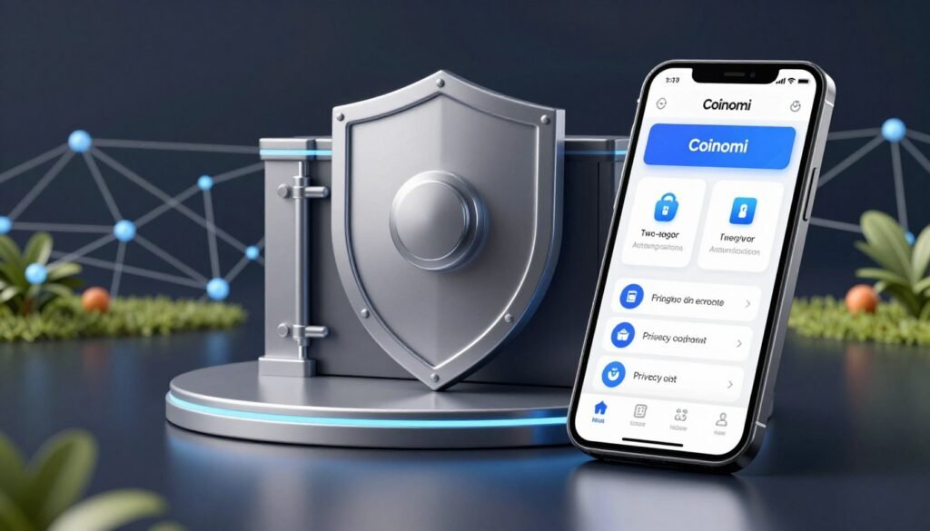 A digital illustration showcasing Coinomi wallet security features in a sleek, modern design. In the foreground, a high-tech smartphone displays the Coinomi app interface, emphasizing security elements like two-factor authentication and privacy features. The middle layer features a secure vault or shield symbol, representing enhanced protection for cryptocurrencies. In the background, a soft-focus digital landscape with a network of encrypted lines and nodes suggests robust blockchain technology. The lighting is bright and professional, highlighting the wallet's features with clean, reflective surfaces. The mood conveys trust and innovation, suitable for a professional guide on cryptocurrency wallets. A digital illustration showcasing Coinomi wallet security features in a sleek, modern design. In the foreground, a high-tech smartphone displays the Coinomi app interface, emphasizing security elements like two-factor authentication and privacy features. The middle layer features a secure vault or shield symbol, representing enhanced protection for cryptocurrencies. In the background, a soft-focus digital landscape with a network of encrypted lines and nodes suggests robust blockchain technology. The lighting is bright and professional, highlighting the wallet's features with clean, reflective surfaces. The mood conveys trust and innovation, suitable for a professional guide on cryptocurrency wallets.