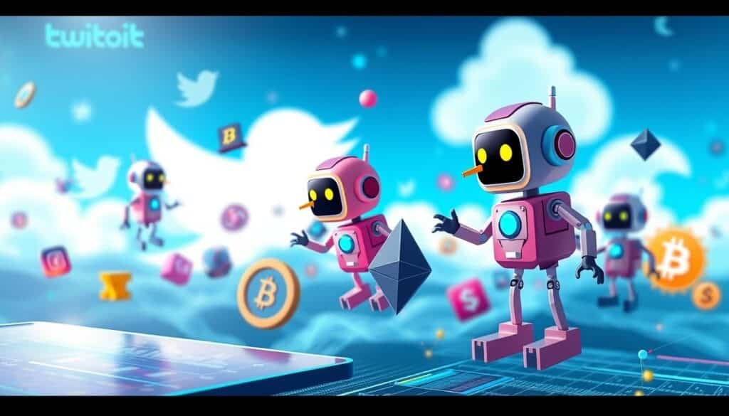 A digital landscape featuring various Twitter bots represented as colorful, abstract geometric shapes and icons, floating in a vibrant blue and white cyberspace. In the foreground, a sleek, modern digital interface showcases data analytics related to crypto, with animated graphs and statistics. The middle ground includes stylized representations of popular cryptocurrencies like Bitcoin and Ethereum, merging with the floating bots. The background consists of a blurred silhouette of the Twitter logo and cloud-like data streams that symbolize the flow of information. Bright lighting creates a dynamic atmosphere, while a slight tilt angle emphasizes a sense of movement. The overall mood should convey innovation and the fast-paced world of crypto trading on social media. A digital landscape featuring various Twitter bots represented as colorful, abstract geometric shapes and icons, floating in a vibrant blue and white cyberspace. In the foreground, a sleek, modern digital interface showcases data analytics related to crypto, with animated graphs and statistics. The middle ground includes stylized representations of popular cryptocurrencies like Bitcoin and Ethereum, merging with the floating bots. The background consists of a blurred silhouette of the Twitter logo and cloud-like data streams that symbolize the flow of information. Bright lighting creates a dynamic atmosphere, while a slight tilt angle emphasizes a sense of movement. The overall mood should convey innovation and the fast-paced world of crypto trading on social media.