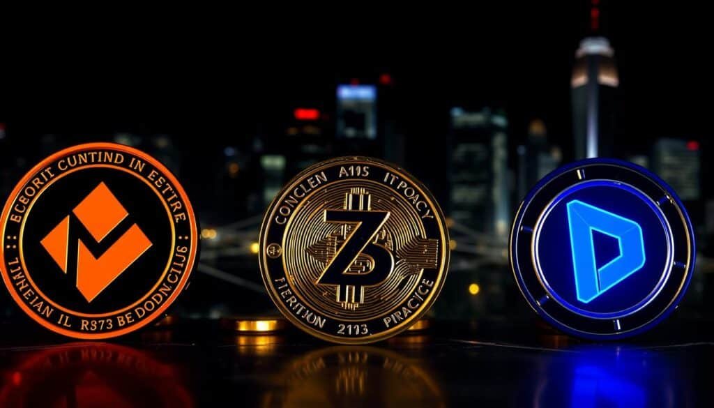 A digital representation of privacy coins, focusing on Monero, Zcash, and Dash. In the foreground, three distinct coins are artistically arranged, each reflecting their unique logos: Monero with its bold orange and black design, Zcash shining with a gold hue, and Dash in a striking blue. The middle ground features a series of interconnected blockchains, subtly glowing to emphasize security and privacy. In the background, a dark, futuristic city skyline is illuminated by neon lights, creating an atmosphere of innovation and secrecy. The overall mood is one of mystery and sophistication, with low-key lighting and a slight vignette, suggesting the hidden aspects of digital currency in today's blockchain landscape. Capture from a slightly elevated angle, enhancing depth and focus on the coins. A digital representation of privacy coins, focusing on Monero, Zcash, and Dash. In the foreground, three distinct coins are artistically arranged, each reflecting their unique logos: Monero with its bold orange and black design, Zcash shining with a gold hue, and Dash in a striking blue. The middle ground features a series of interconnected blockchains, subtly glowing to emphasize security and privacy. In the background, a dark, futuristic city skyline is illuminated by neon lights, creating an atmosphere of innovation and secrecy. The overall mood is one of mystery and sophistication, with low-key lighting and a slight vignette, suggesting the hidden aspects of digital currency in today's blockchain landscape. Capture from a slightly elevated angle, enhancing depth and focus on the coins.