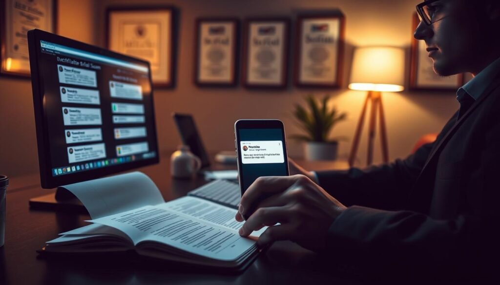 A dimly lit office environment, where a professional-looking individual in business attire sits at a desk, thoughtfully analyzing a computer screen displaying various email scams. The foreground features a close-up of the person’s hands hovering over the keyboard, with an open notebook filled with notes on cybersecurity. In the middle ground, a blinking smartphone showcases a message notification resembling an impersonation attempt. The background softly blurs, revealing a wall adorned with framed certificates for credibility, suggesting expertise in safety practices. The atmosphere is tense yet focused, illuminated by a desk lamp casting warm light, contrasting the cool tones of the computer screen. Capture the mood of vigilance and awareness in responding to potential impersonation scams.