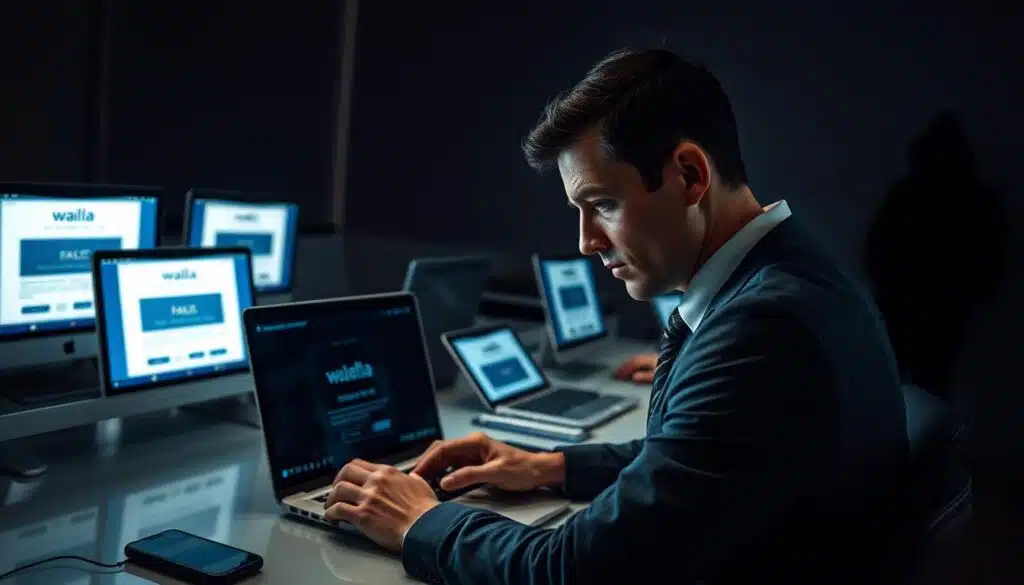 A dimly lit office setting revealing a sleek desk cluttered with laptops and mobile devices displaying fake wallet app interfaces. In the foreground, a professional individual in business attire examines a laptop screen, looking concerned and puzzled. The person's expression reflects confusion and skepticism. In the background, shadowy figures can be seen lurking, representing cybercriminals, with ominous outlines blending into the walls to suggest a hidden threat. Soft, gloomy lighting casts long shadows, enhancing the atmosphere of tension and unease. The angle is slightly tilted to evoke a sense of disorientation, drawing attention to the deceptive screens and the serious tone of the scene. The focus is sharp on the individual, creating a disturbing contrast with the murky figures behind them.