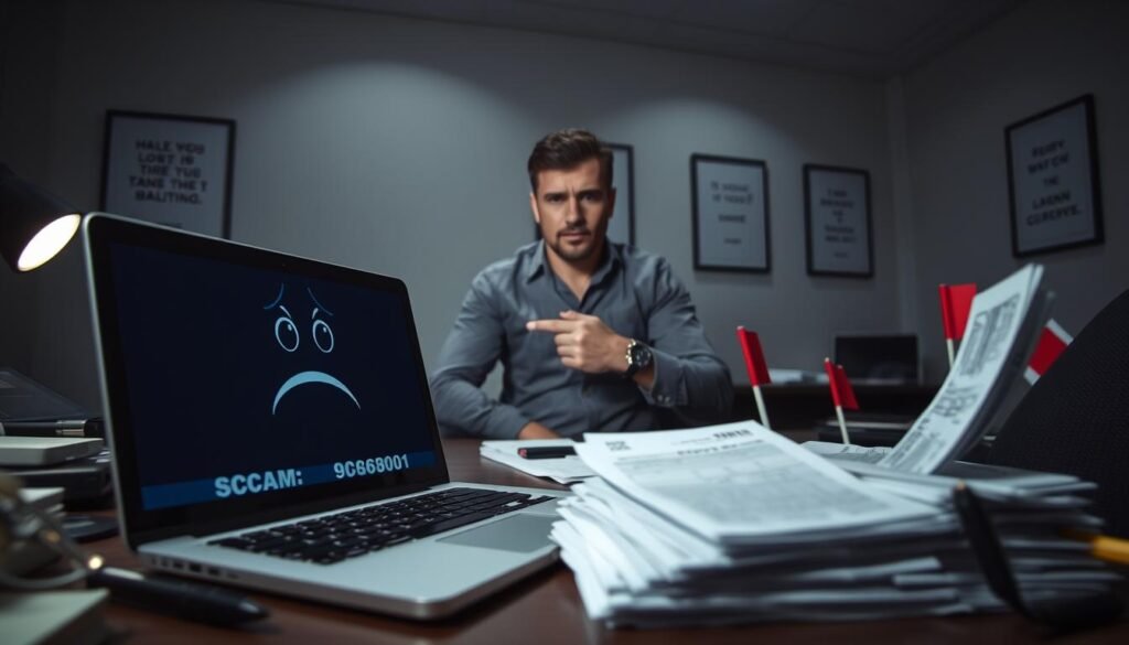 A dimly lit, professional office space with a focus on a cluttered desk in the foreground. On the desk, a laptop screen displays a worried expression, symbolizing anxiety from a recent scam. Next to the laptop, a stack of papers filled with transaction receipts and marked with red flags, hinting at financial loss. In the middle ground, a concerned individual in modest casual clothing is seen with furrowed brows, pointing at the screen. The background features soft shadows, a few framed motivational quotes on the wall, and gentle overhead lighting that casts a somber mood, emphasizing the serious nature of the situation. The camera angle is slightly above eye level, capturing the emotional tension of the scene. A dimly lit, professional office space with a focus on a cluttered desk in the foreground. On the desk, a laptop screen displays a worried expression, symbolizing anxiety from a recent scam. Next to the laptop, a stack of papers filled with transaction receipts and marked with red flags, hinting at financial loss. In the middle ground, a concerned individual in modest casual clothing is seen with furrowed brows, pointing at the screen. The background features soft shadows, a few framed motivational quotes on the wall, and gentle overhead lighting that casts a somber mood, emphasizing the serious nature of the situation. The camera angle is slightly above eye level, capturing the emotional tension of the scene.