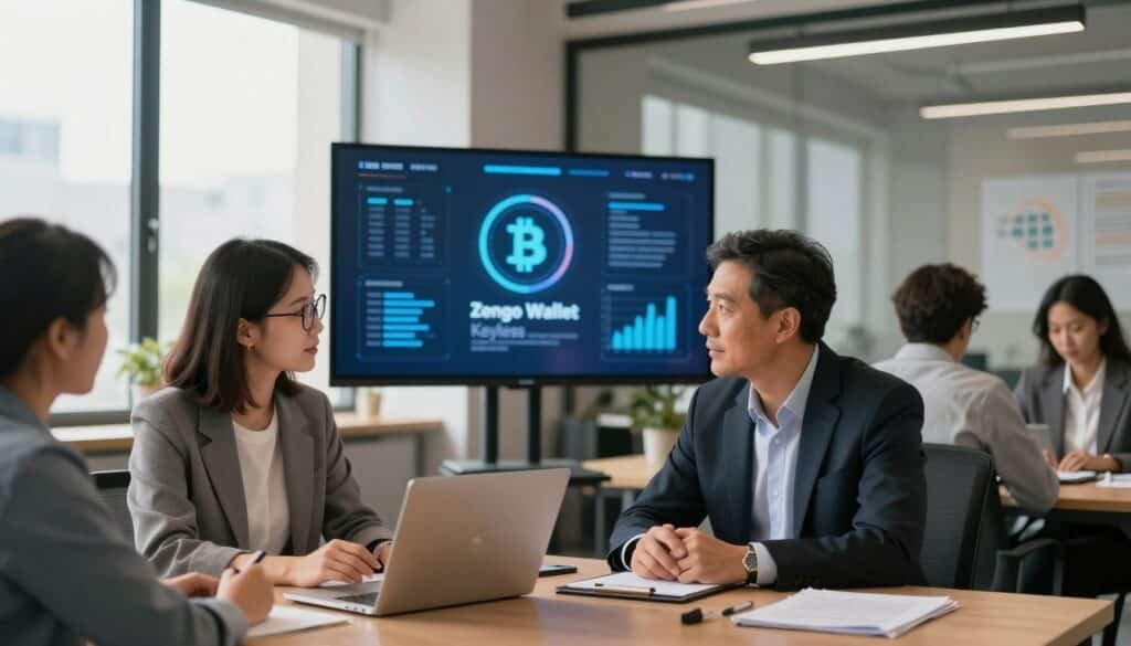 A diverse group of individuals in a modern office setting, showcasing a professional atmosphere. In the foreground, a young woman with glasses and a laptop is discussing with a middle-aged man in business attire, both focused and engaged. In the middle, a large screen displays a visual representation of cryptocurrency security, highlighting the Zengo Wallet Keyless features. The background is filled with abstract charts and graphs, emphasizing technology and finance. Soft, diffused lighting adds a sense of warmth, while a large window allows natural light to flood the space, creating an inviting yet professional mood. The overall composition conveys a sense of community, security, and innovation in crypto storage solutions.