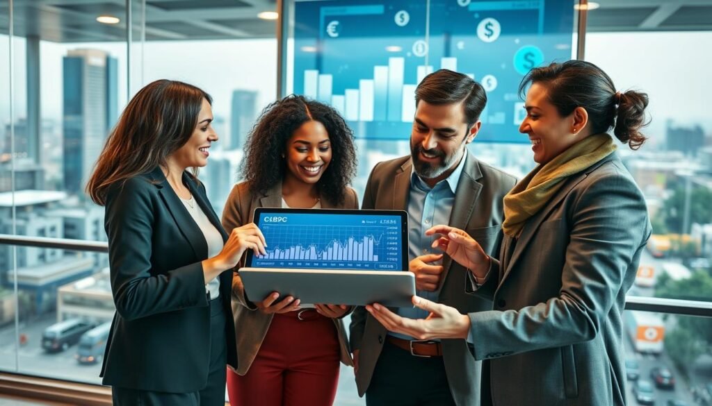 A diverse group of professionals engaged in a dynamic discussion around a digital tablet displaying financial graphs, symbolizing financial inclusion. In the foreground, two women and one man in smart casual attire animatedly share ideas, their expressions reflecting optimism and collaboration. The middle ground features a modern office environment, with a large window showing a bustling cityscape, symbolizing a thriving economy. The background illustrates a digital screen with moving data and currency symbols, emphasizing the concept of Central Bank Digital Currencies (CBDC). Soft, natural lighting floods the scene, creating an inviting and progressive atmosphere, with a slight depth of field to enhance focus on the professionals. The overall mood is hopeful and forward-looking, showcasing the benefits of inclusive finance in a connected world.