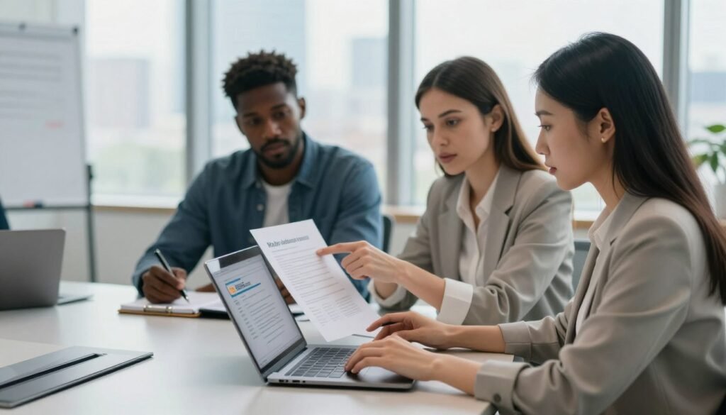 A diverse group of three individuals gathered around a sleek, modern conference table in a well-lit office setting. In the foreground, one person, a woman of Asian descent, is demonstrating how to use a multi-signature wallet interface on her laptop, with focused expressions on her colleagues' faces. In the middle ground, a man of African descent takes notes on a notepad, while another individual, a Caucasian woman, points to a document illustrating co-signing strategies. The background features large windows with city skyline views, casting natural light that highlights the professionals engaged in the discussion. The atmosphere is collaborative and educational, emphasizing teamwork and attention to detail in a business context. Soft focus on the background enhances the main subjects. A diverse group of three individuals gathered around a sleek, modern conference table in a well-lit office setting. In the foreground, one person, a woman of Asian descent, is demonstrating how to use a multi-signature wallet interface on her laptop, with focused expressions on her colleagues' faces. In the middle ground, a man of African descent takes notes on a notepad, while another individual, a Caucasian woman, points to a document illustrating co-signing strategies. The background features large windows with city skyline views, casting natural light that highlights the professionals engaged in the discussion. The atmosphere is collaborative and educational, emphasizing teamwork and attention to detail in a business context. Soft focus on the background enhances the main subjects.