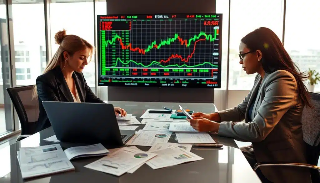 A diverse group of three professionals, a Caucasian woman, a Black man, and an Asian woman, seated around a sleek modern table, intensely studying stock charts and financial reports. In the foreground, scattered papers with graphs and laptop screens displaying financial data. The middle layer features a large digital screen showing fluctuating stock lines, infused with green and red indicators representing market trends. In the background, a minimalistic office setting with large windows allowing natural light to flood the space, creating a bright and focused atmosphere. The professionals are dressed in smart business attire, displaying determination and collaboration. The lighting is warm and inviting, emphasizing the seriousness of their research while fostering a sense of teamwork and vigilance against investment pitfalls.