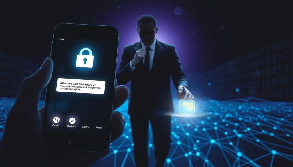 A dramatic illustration of SIM swapping, featuring a split image. In the foreground, a close-up of a smartphone displaying a security alert, with glowing icons representing hacking attempts. In the middle, a shadowy figure in a business suit, silhouetted and holding a SIM card, symbolizing the aggressive nature of cybercriminals. The background includes a digital landscape with binary codes and interconnected network lines, conveying the complexity of mobile networks. Use cool blue and dark purple hues to emphasize a sense of danger and urgency, with focused lighting highlighting the figure and phone, creating a cyber-thriller atmosphere. The overall mood should feel suspenseful and cautionary, reflecting the serious implications of SIM swapping. A dramatic illustration of SIM swapping, featuring a split image. In the foreground, a close-up of a smartphone displaying a security alert, with glowing icons representing hacking attempts. In the middle, a shadowy figure in a business suit, silhouetted and holding a SIM card, symbolizing the aggressive nature of cybercriminals. The background includes a digital landscape with binary codes and interconnected network lines, conveying the complexity of mobile networks. Use cool blue and dark purple hues to emphasize a sense of danger and urgency, with focused lighting highlighting the figure and phone, creating a cyber-thriller atmosphere. The overall mood should feel suspenseful and cautionary, reflecting the serious implications of SIM swapping.