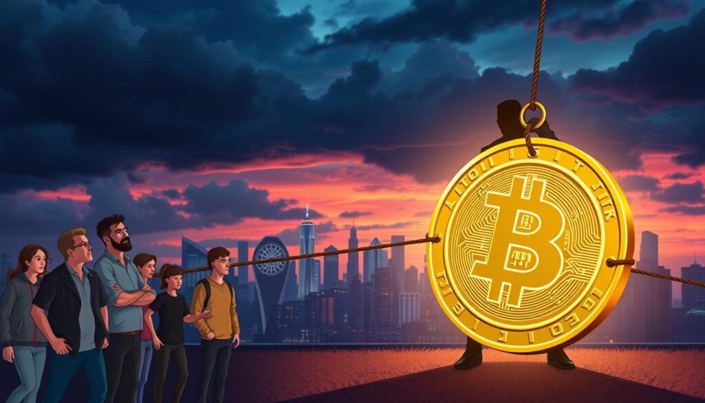 A dramatic, illustrative scene depicting a cryptocurrency rug pull scenario. In the foreground, a stylized digital currency coin is being yanked away from a group of anxious investors, representing their sudden loss. The investors are depicted in modest casual clothing, with expressions of shock and confusion. In the middle ground, a shadowy figure in a sharp suit is pulling a rope attached to the coin, symbolizing deception and betrayal, while their face is obscured for anonymity. The background features a vibrant city skyline at dusk, with ominous storm clouds gathering, casting a moody, dramatic light. The atmosphere is tense and urgent, capturing the essence of financial uncertainty in the crypto world. The lighting is moody with strong contrasts, illuminating the coin and investors while casting shadows of uncertainty.